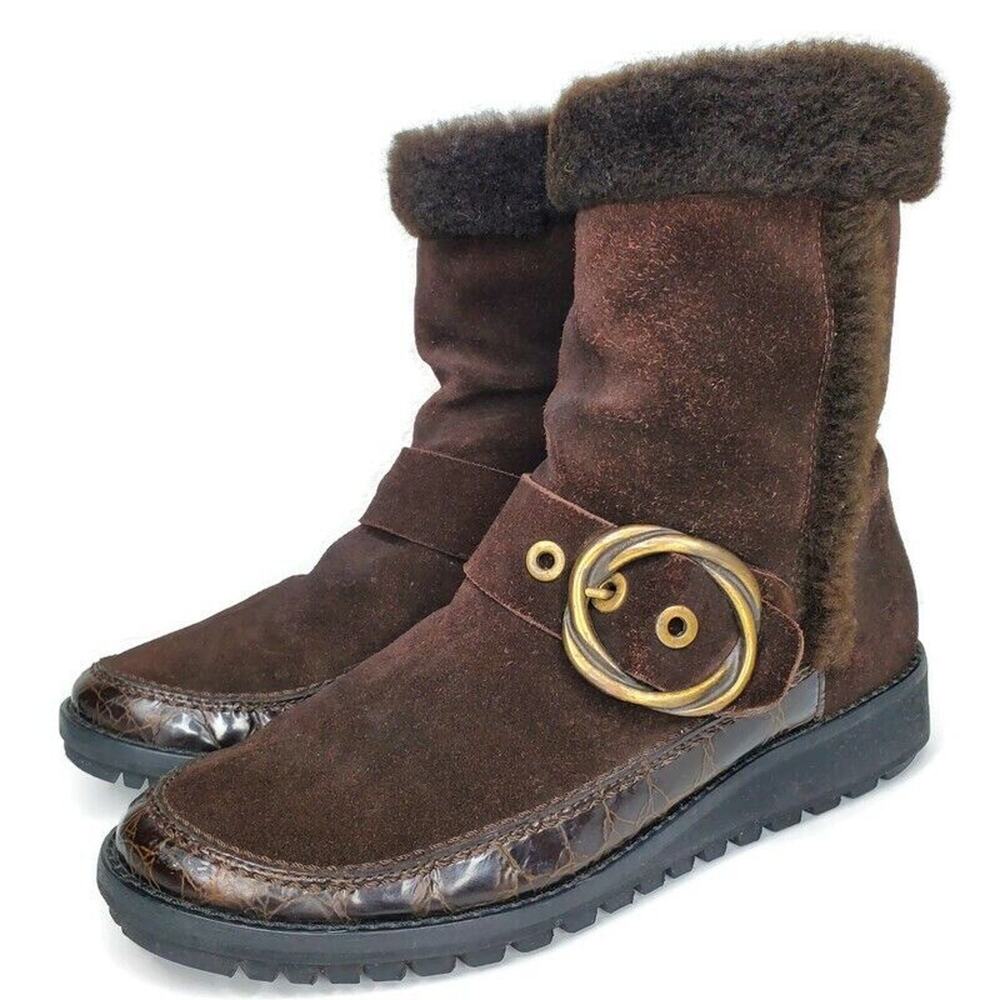 Donald J Pliner Brown Suede Fur Trim Croc Boots Low Wedge Ankle Womens Size 8